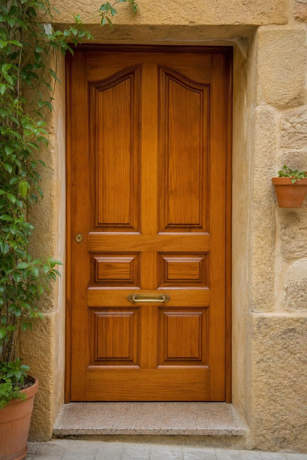 Puerta de entrada de madera restaurada y barnizada