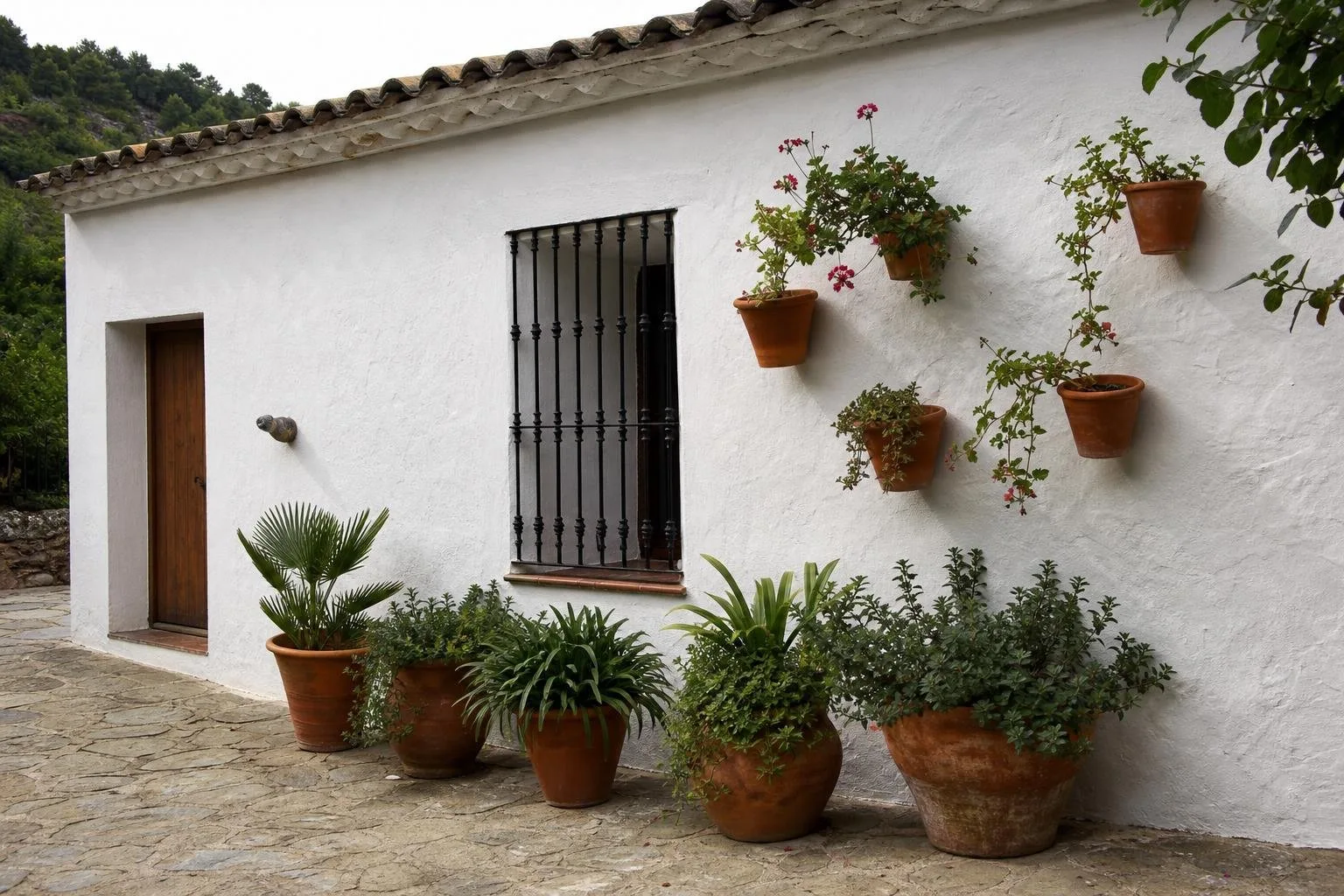 Pared exterior de casa rural encalada con macetas de terracota
