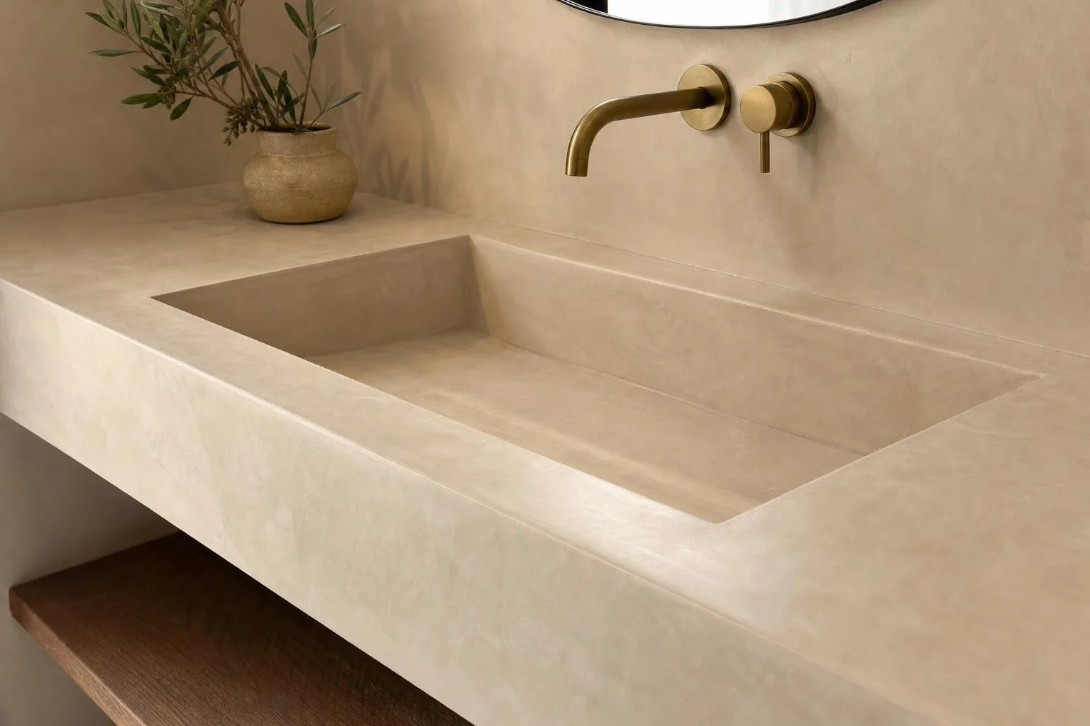 Detalle de lavabo y mueble de baño en microcemento