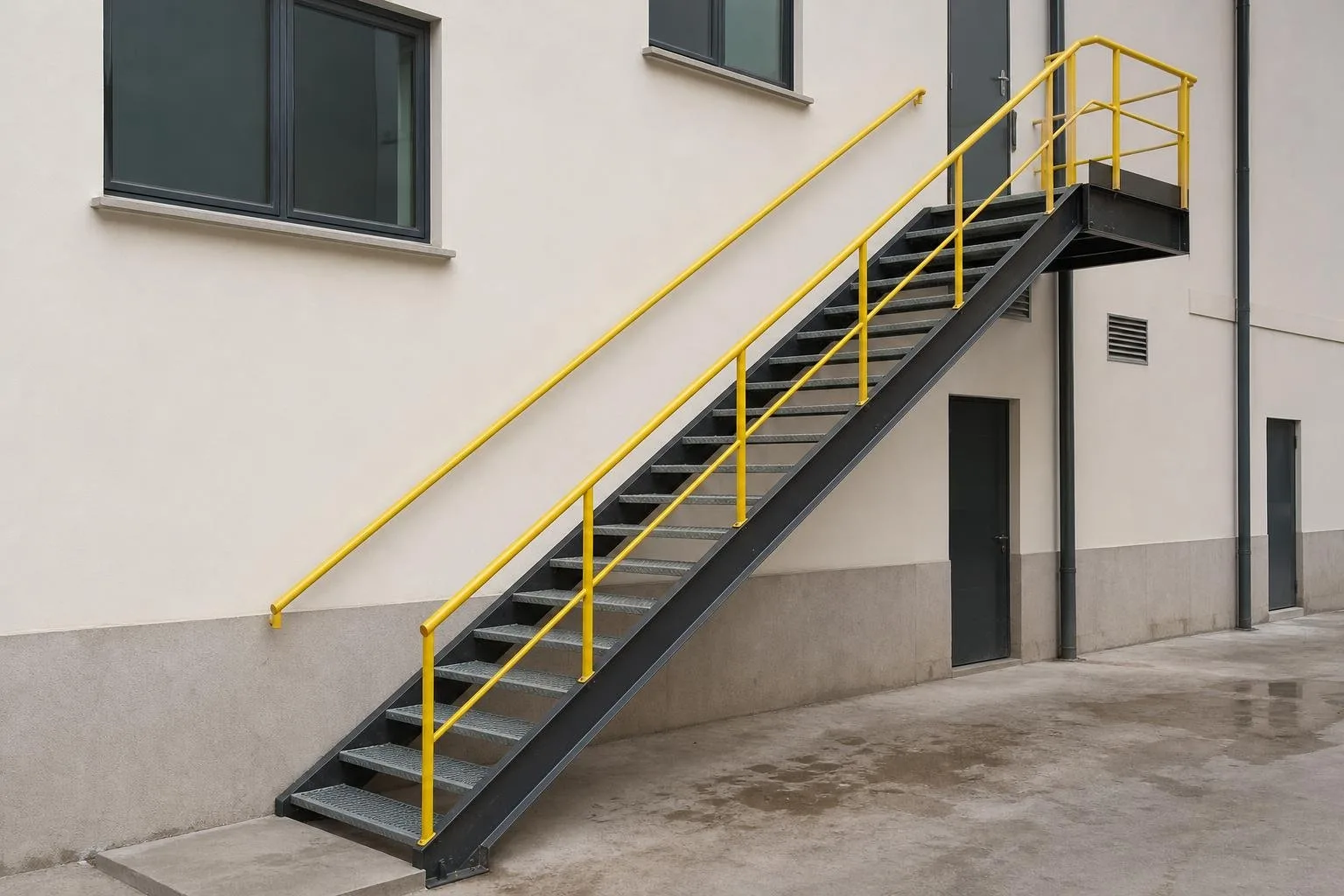 Escalera metálica con barandilla pintada en amarillo