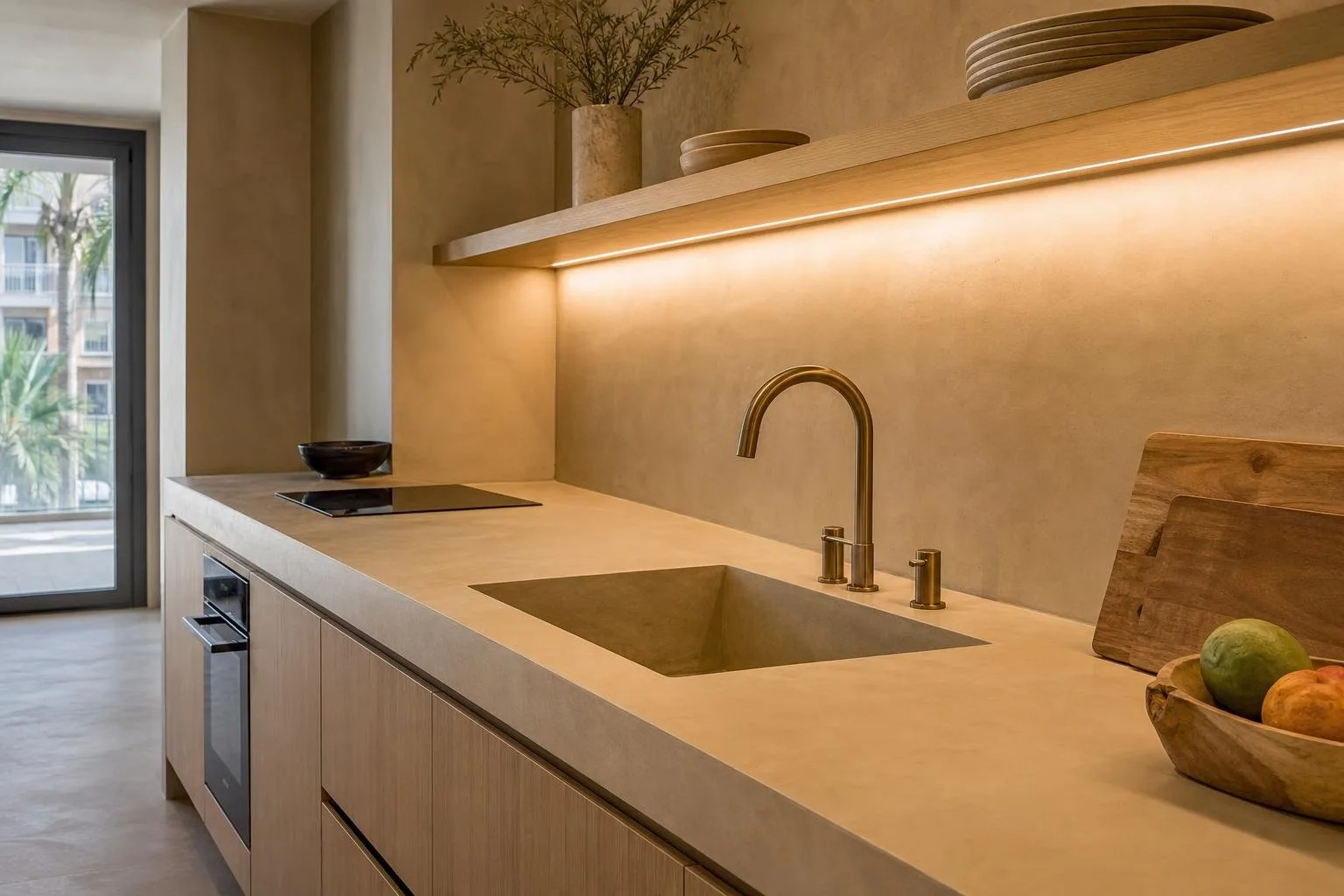 Cocina con encimera y pared de microcemento beige