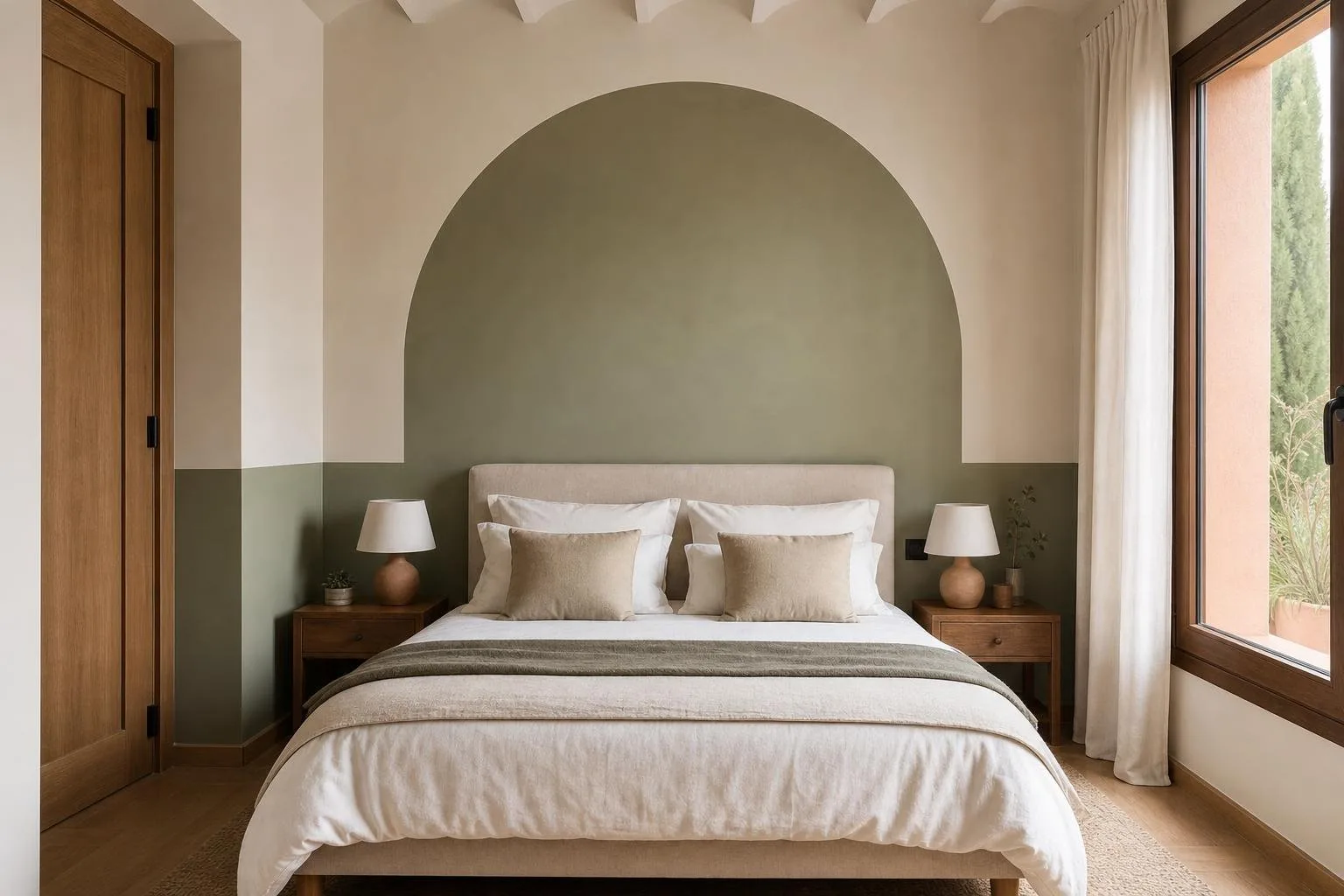 Dormitorio con pared bicolor y arco pintado
