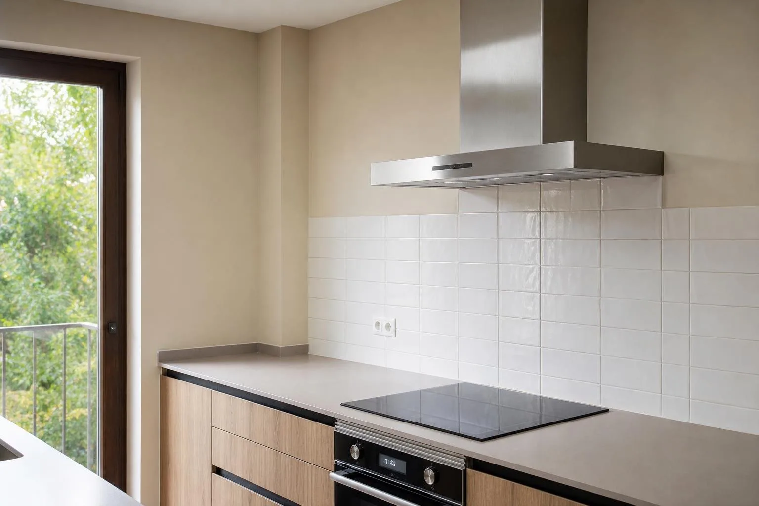 Cocina con paredes pintadas y bordes limpios junto al azulejo