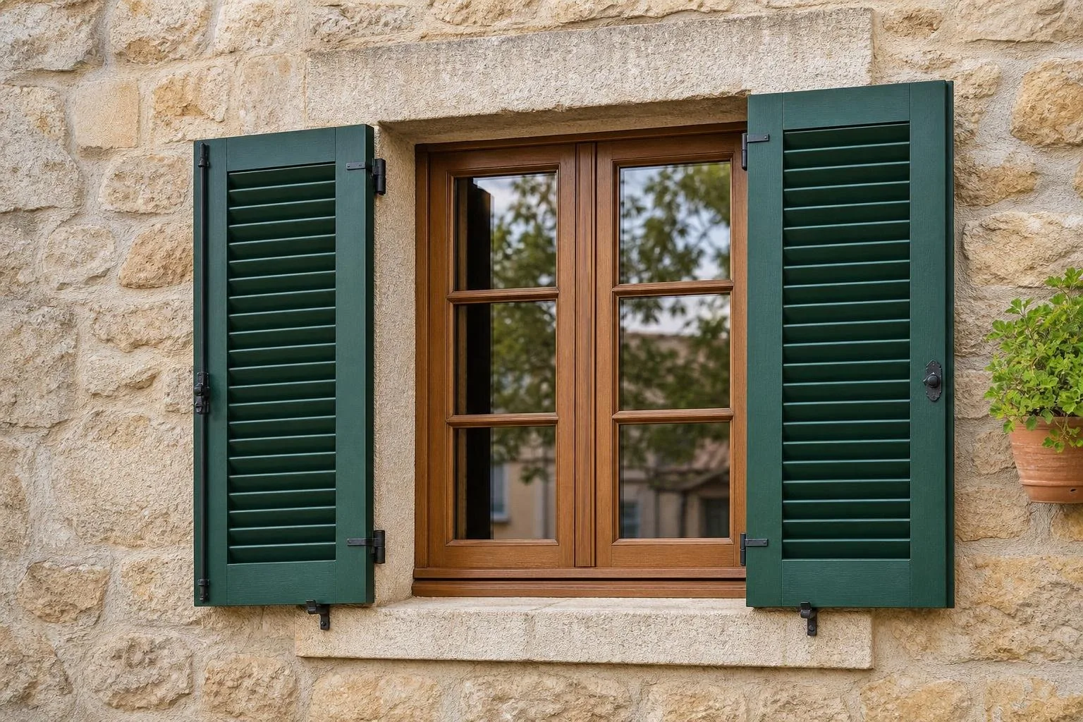 Ventana de madera restaurada con contraventanas verdes