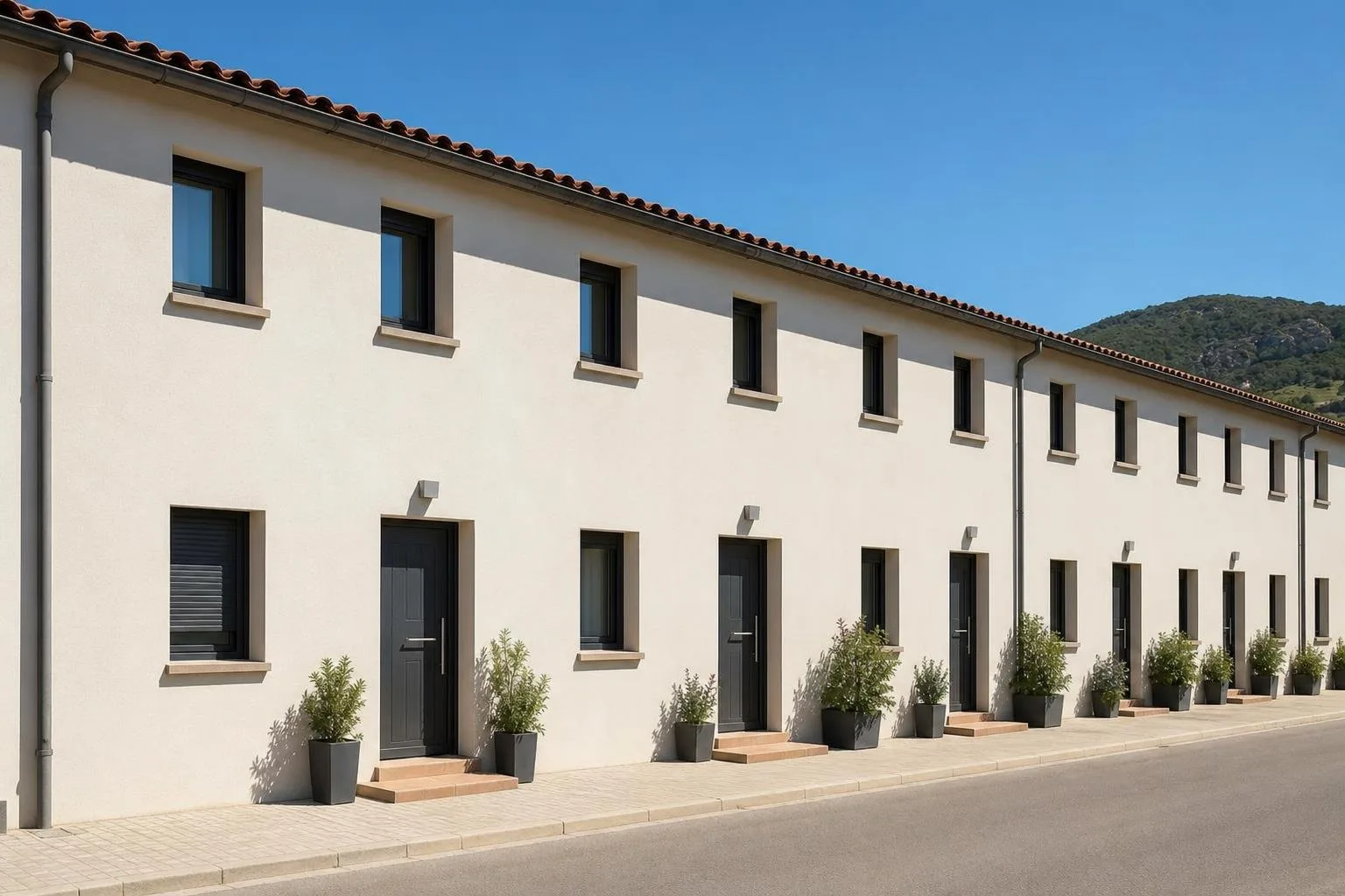 Hilera de casas adosadas con fachada aislada