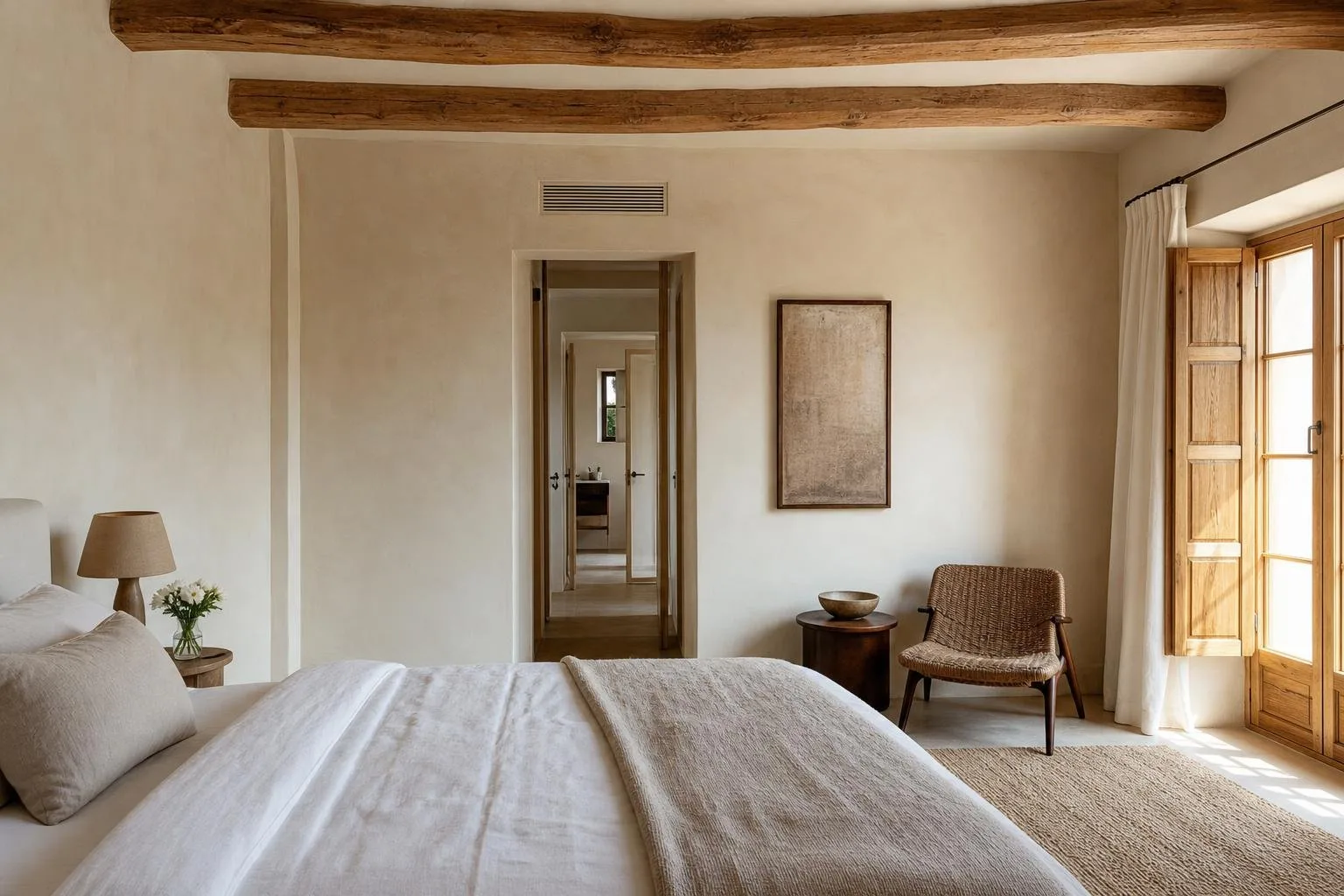 Dormitorio con paredes a la cal color crema y vigas de madera