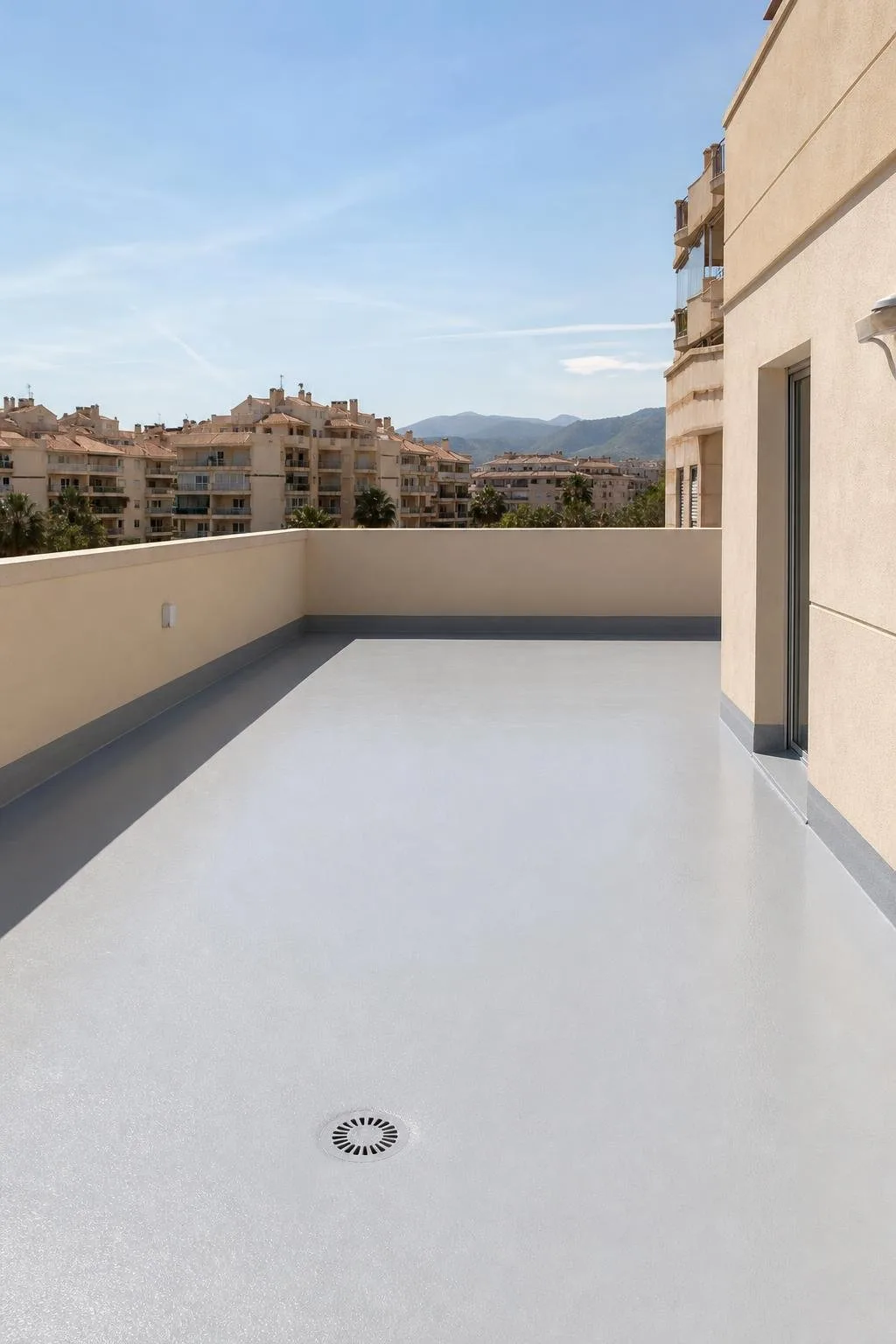 Terraza impermeabilizada con recubrimiento gris claro y desagüe