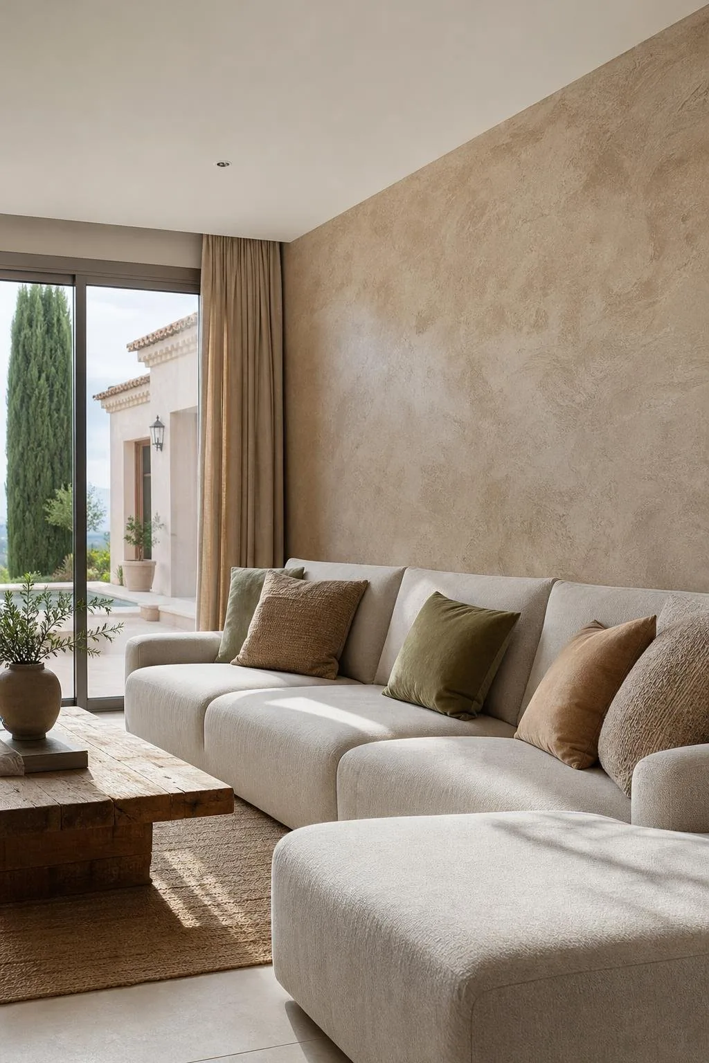 Salón con pared decorativa de efecto arena