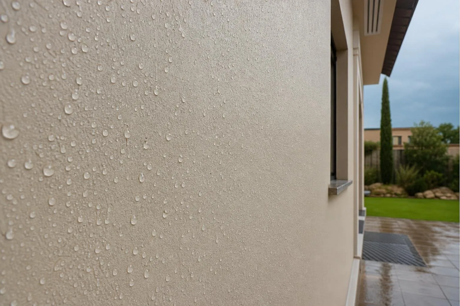 Pared exterior con pintura impermeabilizante y gotas de lluvia