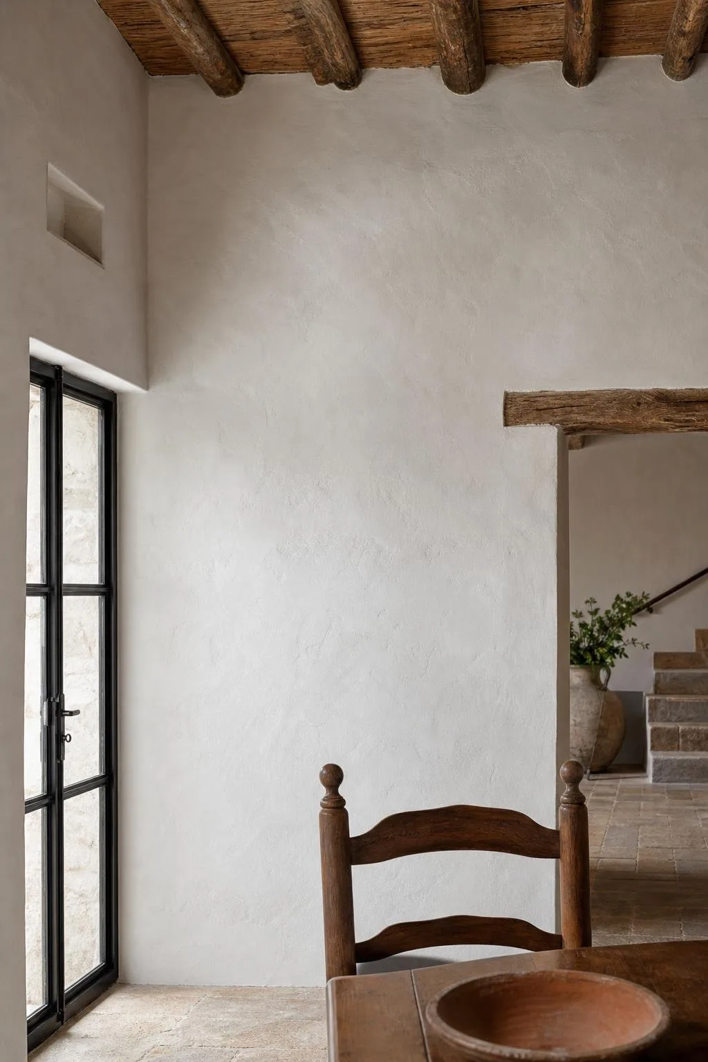 Pared interior encalada en blanco en una casa de piedra