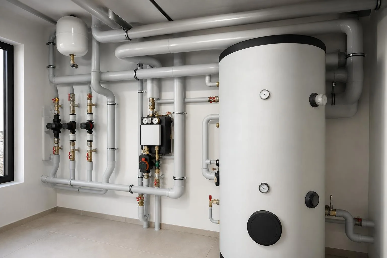 Tuberías y depósito industriales pintados en una sala técnica