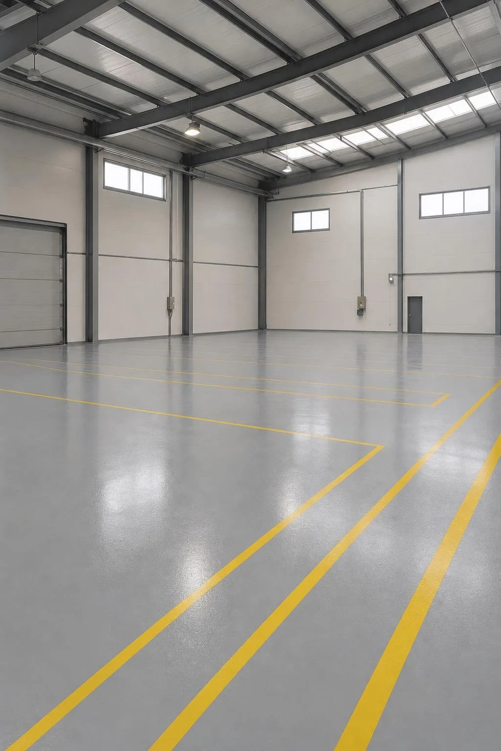 Suelo de nave industrial pintado en gris con líneas amarillas